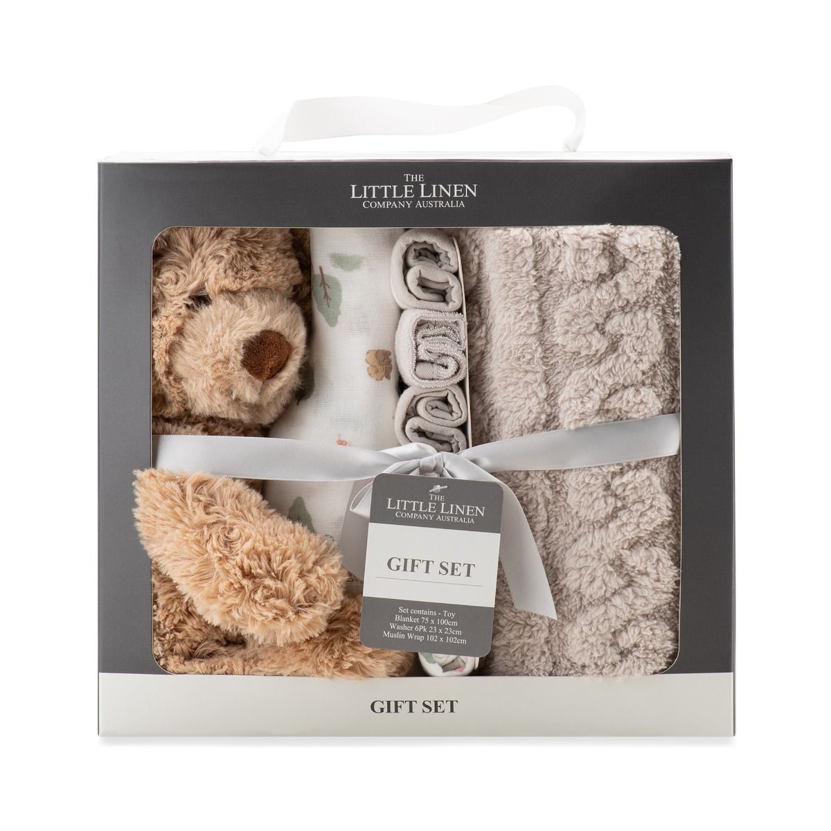 The Little Linen Company Boxed Gift Set - Willow Bear | Baby Plush Blanket, Cuddly Plush Toy, 6 Knitted Terry Washers, Muslin Wrap | modandtod.com
