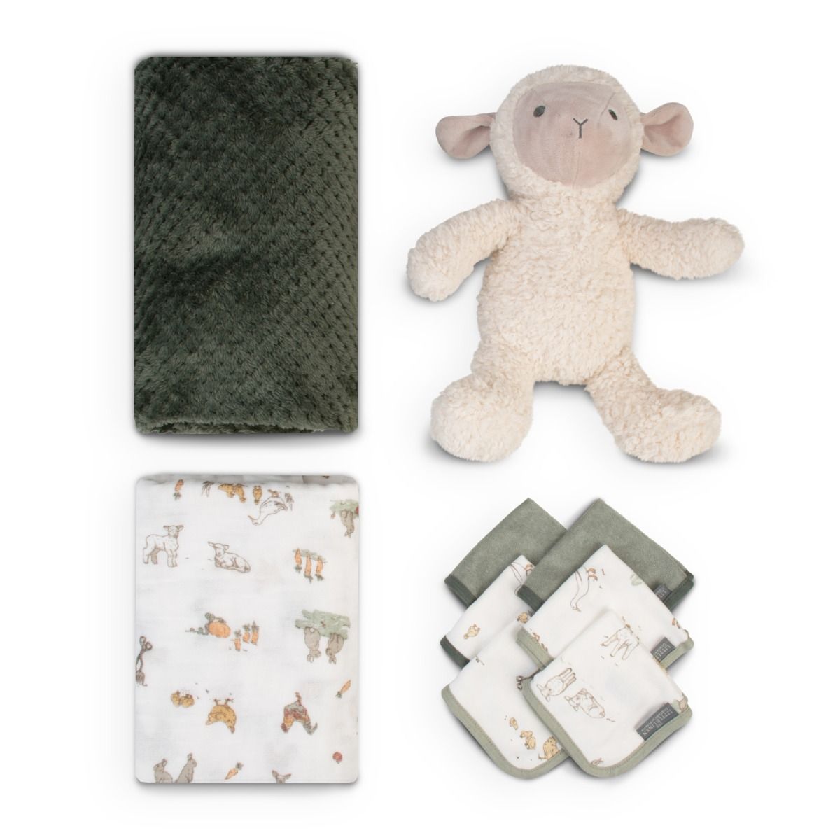 The Little Linen Company Boxed Gift Set - Farmyard Lamb | Baby Plush Blanket, Cuddly Plush Toy, 6 Knitted Terry Washers, Muslin Wrap | modandtod.com