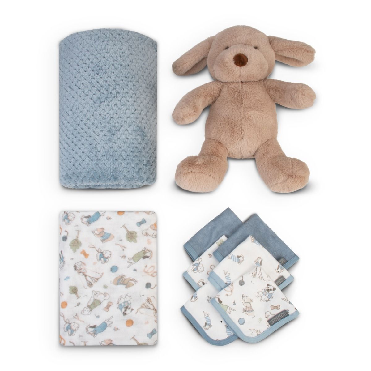 The Little Linen Company Boxed Gift Set - Barklife Dog | Baby Plush Blanket, Cuddly Plush Toy, 6 Knitted Terry Washers, Muslin Wrap | modandtod.com