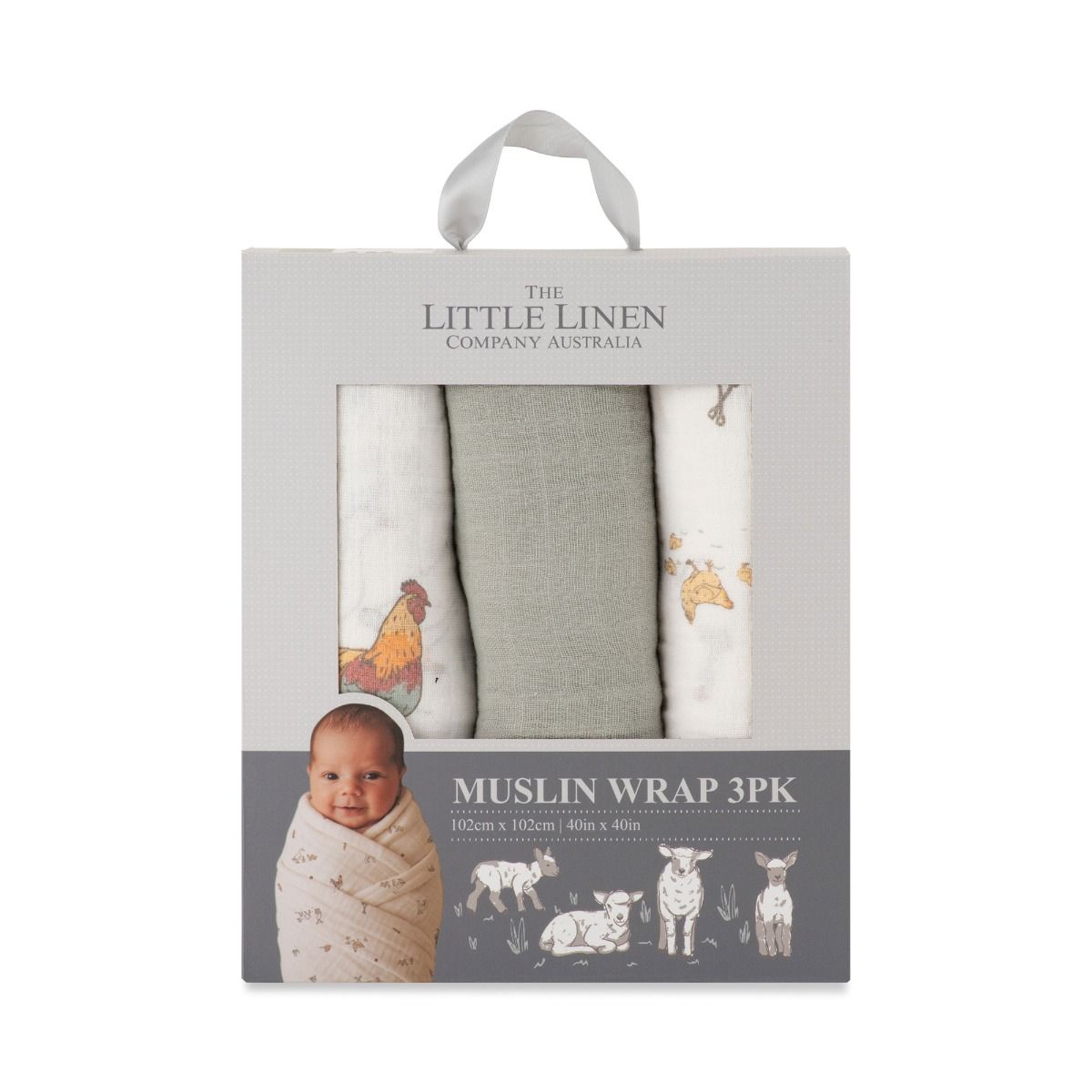The Little Linen Company LITTLE LINEN MUSLIN WRAPS 3PK - FARMYARD LAMB | modandtod.com