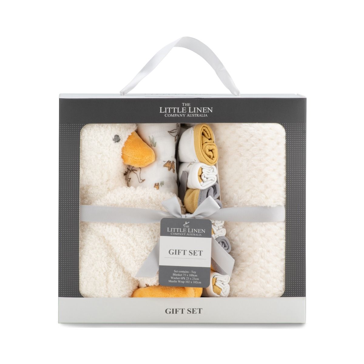 The Little Linen Company Boxed Gift Set - Fuzzy Duck | Baby Plush Blanket, Cuddly Plush Toy, 6 Knitted Terry Washers, Muslin Wrap | modandtod.com