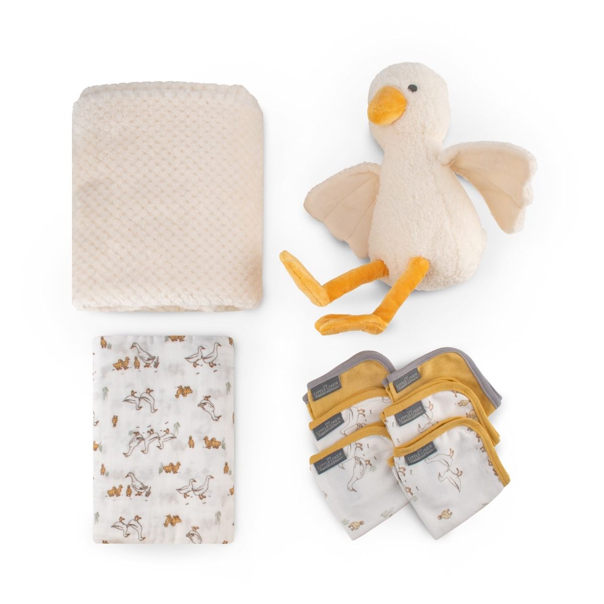 The Little Linen Company Boxed Gift Set - Fuzzy Duck | Baby Plush Blanket, Cuddly Plush Toy, 6 Knitted Terry Washers, Muslin Wrap | modandtod.com