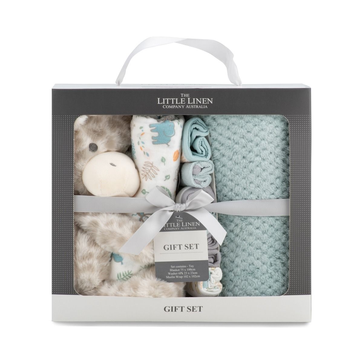 The Little Linen Company Boxed Gift Set - Savanna Giraffe | Baby Plush Blanket, Cuddly Plush Toy, 6 Knitted Terry Washers, Muslin Wrap | modandtod.com