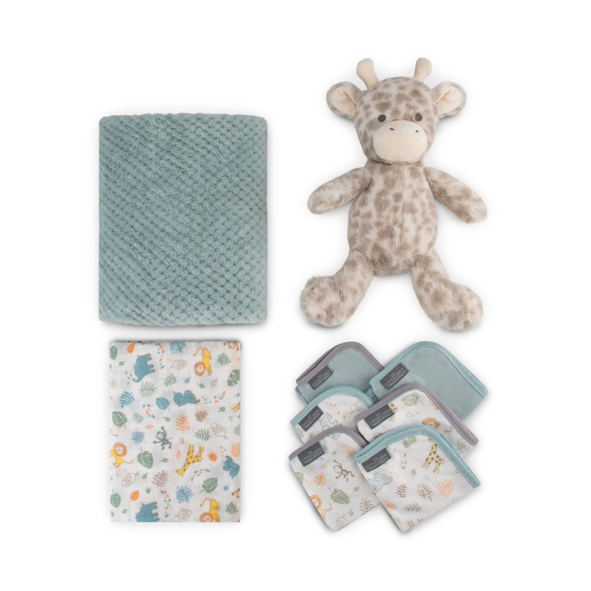 The Little Linen Company Boxed Gift Set - Savanna Giraffe | Baby Plush Blanket, Cuddly Plush Toy, 6 Knitted Terry Washers, Muslin Wrap | modandtod.com