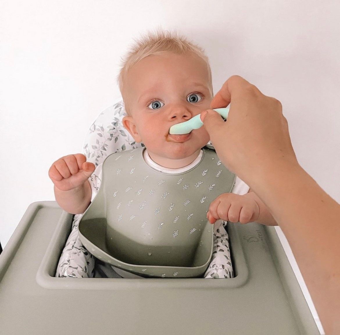 All4ella Silicone Catch Bib & Spoon - Olive for baby and toddlers starting solids and baby led weaning. MOD & TOD