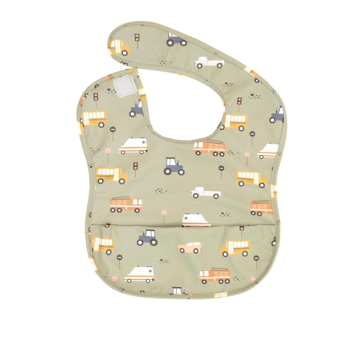 All4ella Recycled Pouch Bib - Trucks for baby and toddlers starting solids and baby led weaning. MOD & TOD