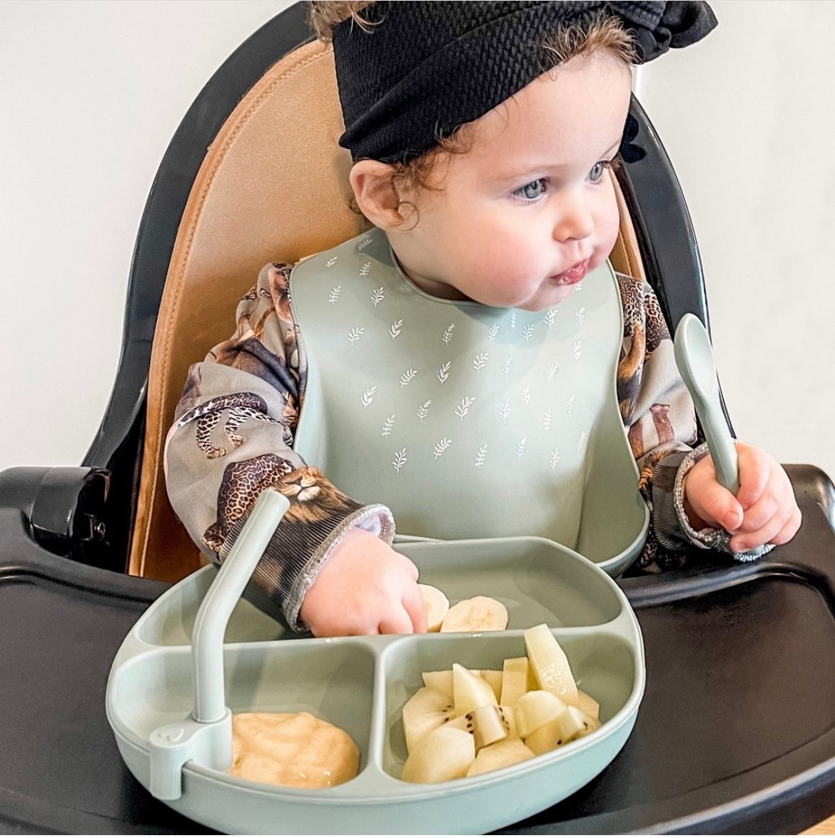 All4ella Silicone Catch Bib & Spoon - Olive for baby and toddlers starting solids and baby led weaning. MOD & TOD