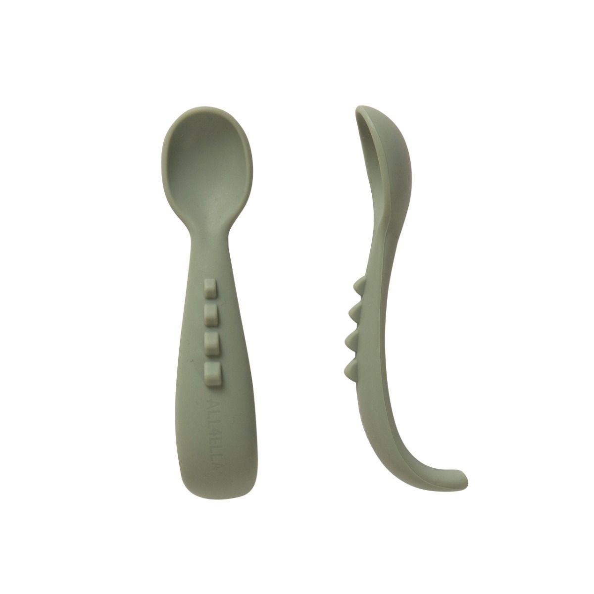 All4ella Comfy Grip Silicone Spoons 2pk - Olive for baby starting solids baby led weaning MOD & TOD