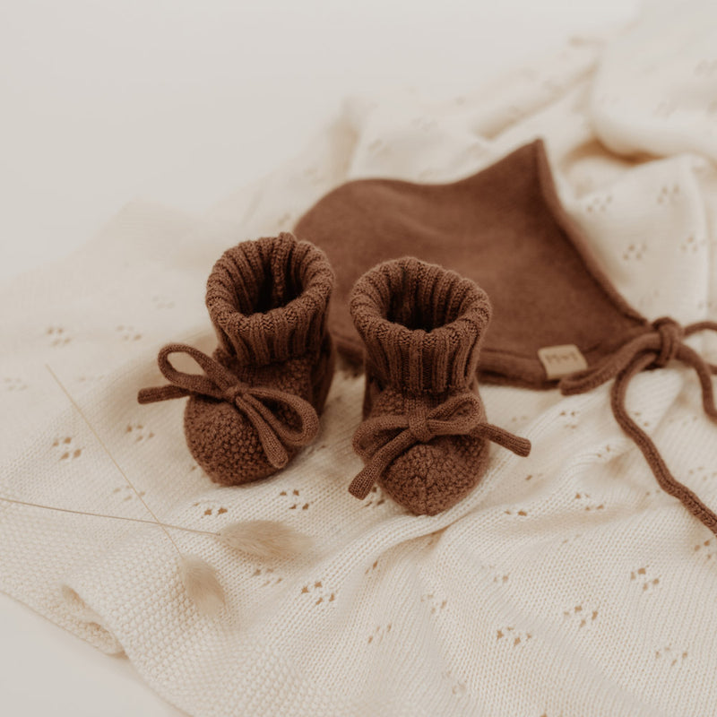MOD & TOD Merino Baby Bonnet & Booties Set | Walnut for newborn baby to 6 months