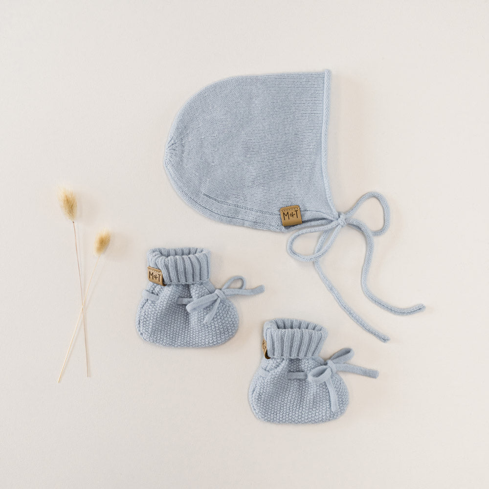 MOD & TOD Merino Baby Bonnet & Booties Set | Baby Blue for newborn baby to 6 months