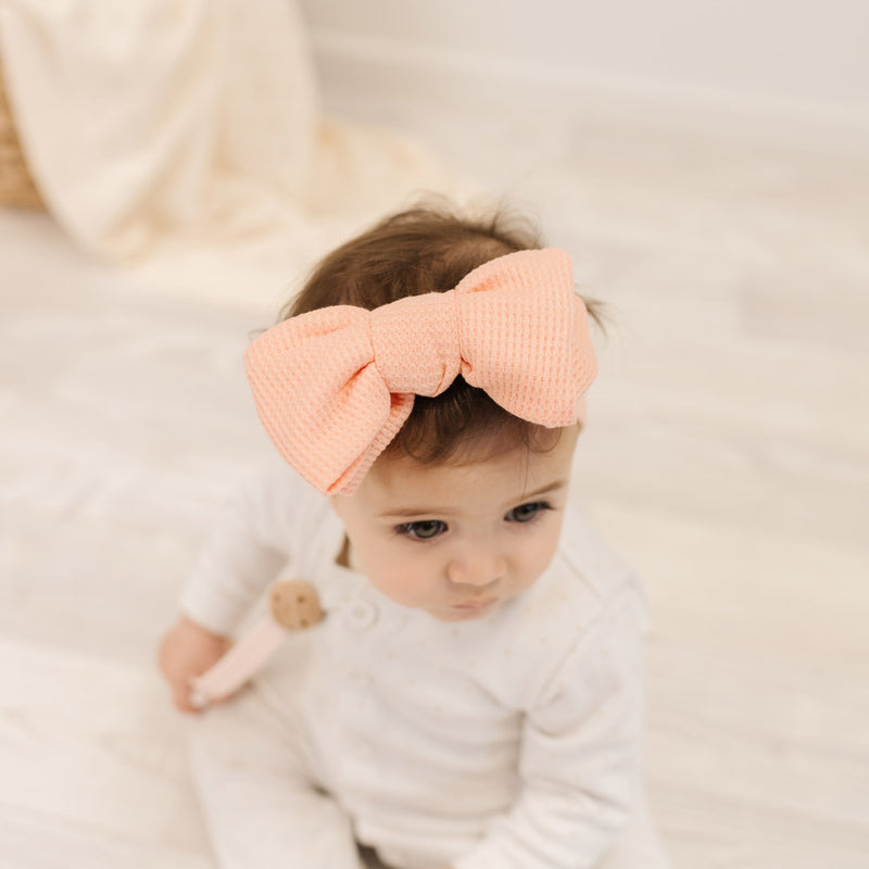 Big Waffle Bow Headband - Melon for baby, newborn and infant. Cute and beautiful. One size fit all