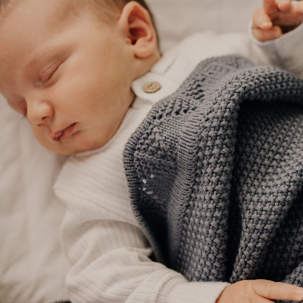 Organic Heirloom Knit Blanket | Stormy Grey | Organic Cotton Baby Blanket