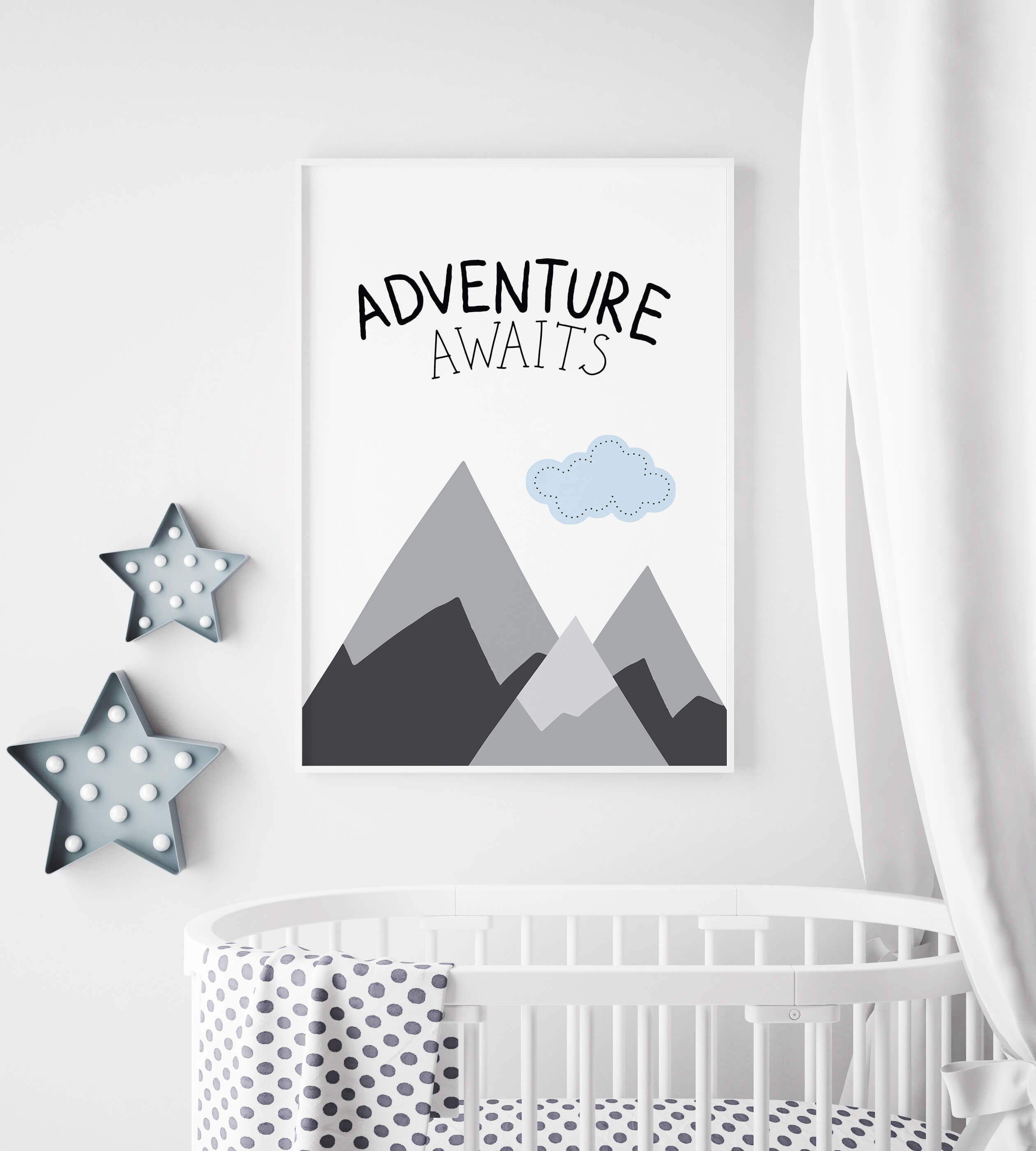 Adventure Awaits wall art print for baby room, nursery, kids room, boy room, playroom modern home decor scandi style. minimal style