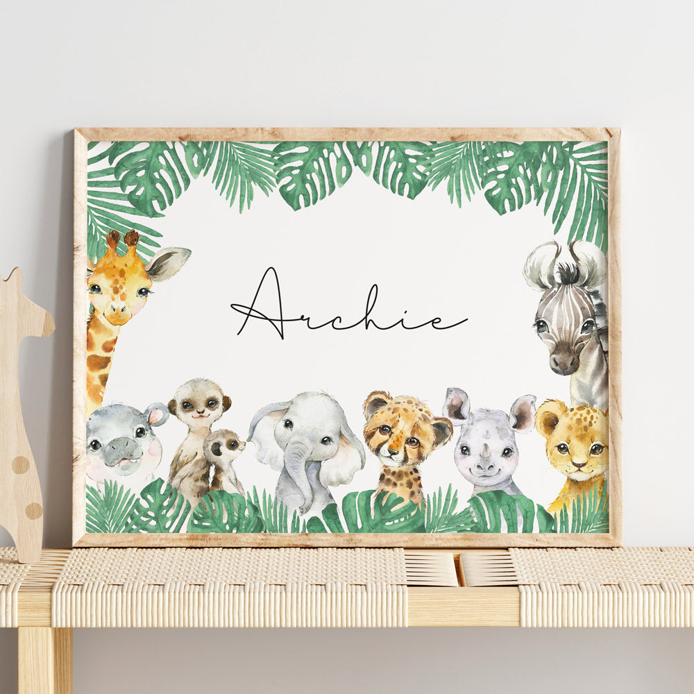 Safari Animals Wall Print Baby Kids Room Nursery Art Custom Name