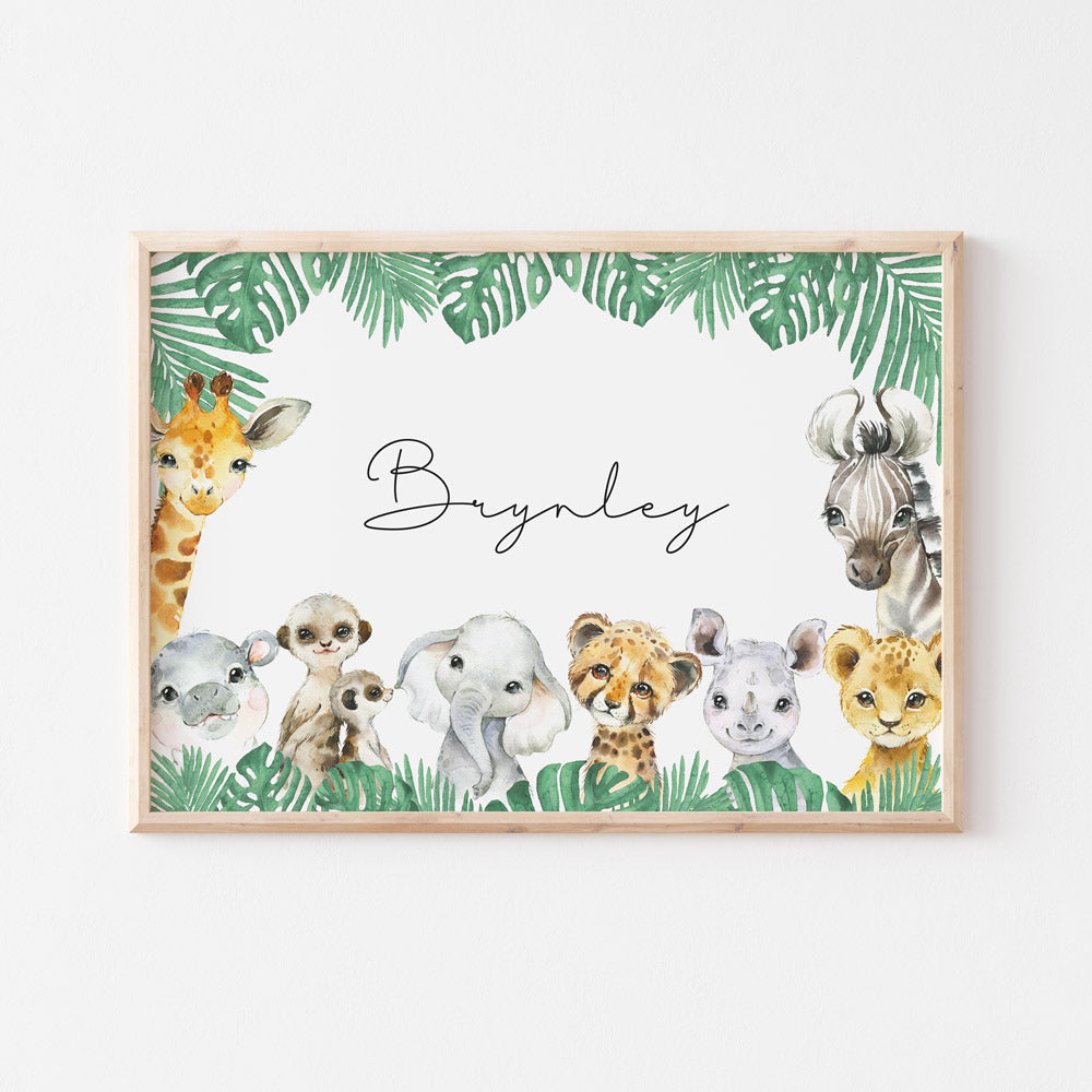 Safari Animals Wall Print Baby Kids Room Nursery Art Custom Name