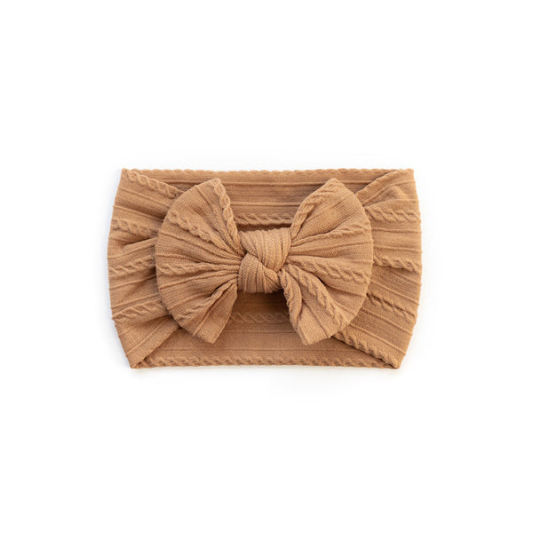 Cable Bow Headband - Clay Tan for baby, newborn and infant. Cute and beautiful. One size fit all