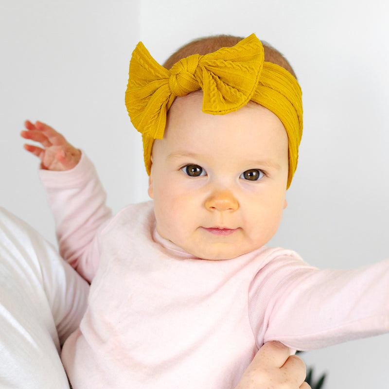 Cable Bow Headband - Mustard for baby, newborn and infant. Cute and beautiful. One size fit all