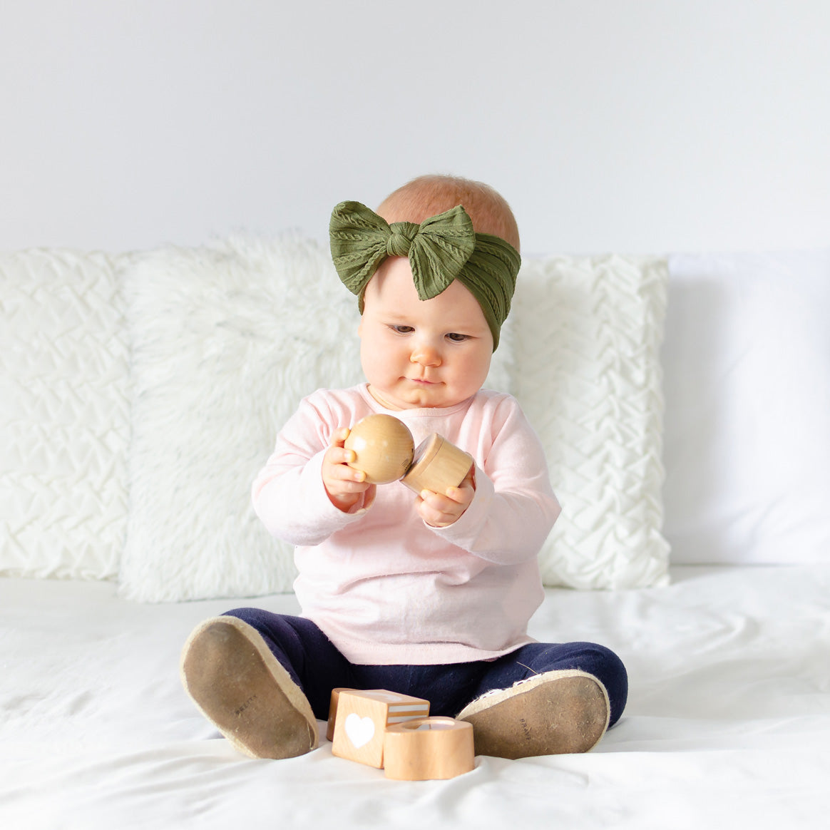 Cable Bow Headband - Olive for baby, newborn and infant. Cute and beautiful. One size fit all