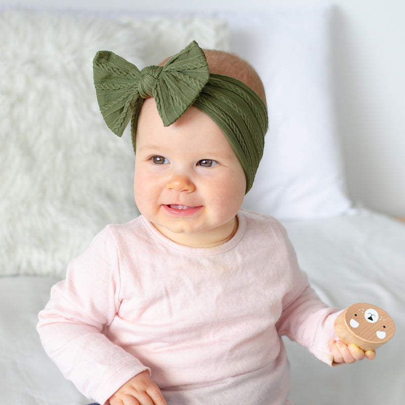 Cable Bow Headband - Olive for baby, newborn and infant. Cute and beautiful. One size fit all