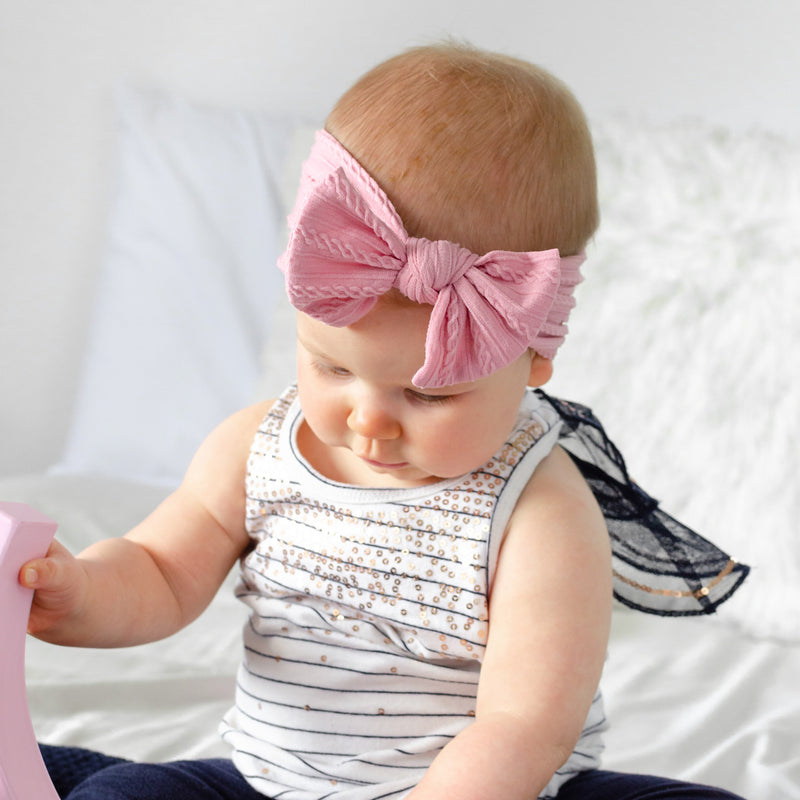 Cable Bow Headband - Dusty Pink for baby, newborn and infant. Cute and beautiful. One size fit all