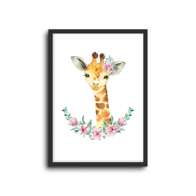 Giraffe - Floral Wall Print Baby Kids Room Nursery Art 