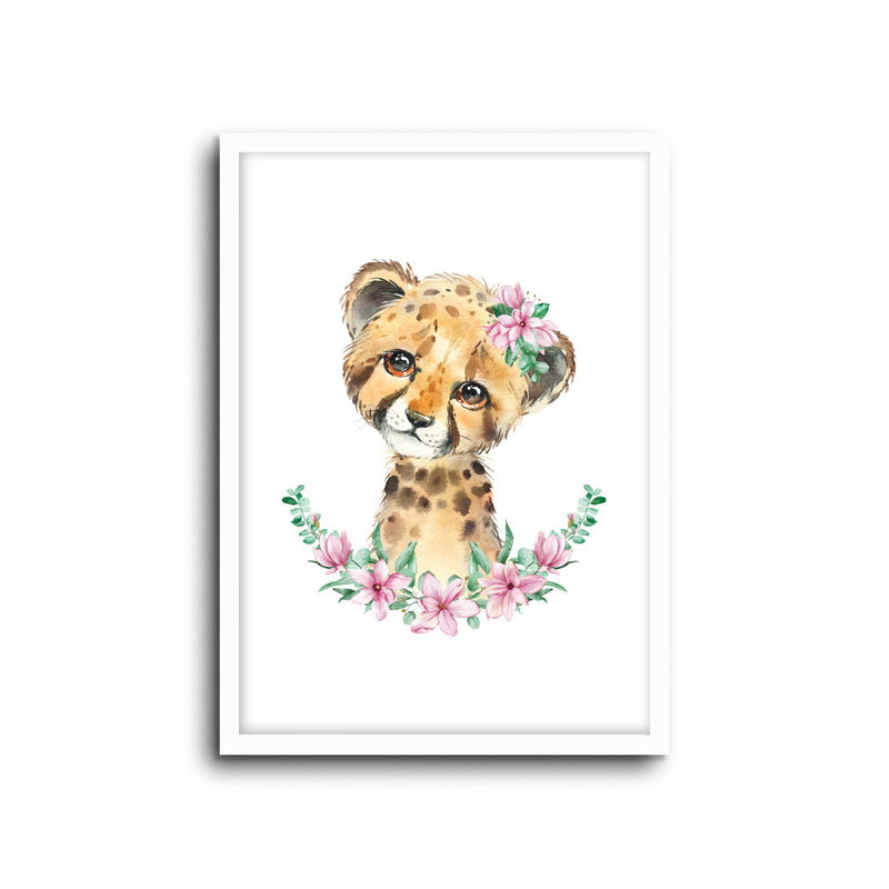 Cheetah - Floral Wall Print Baby Kids Room Nursery Art 
