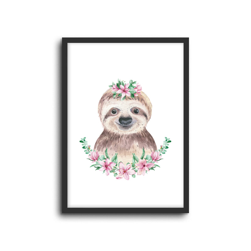 Sloth - Floral Wall Print Baby Kids Room Nursery Art 