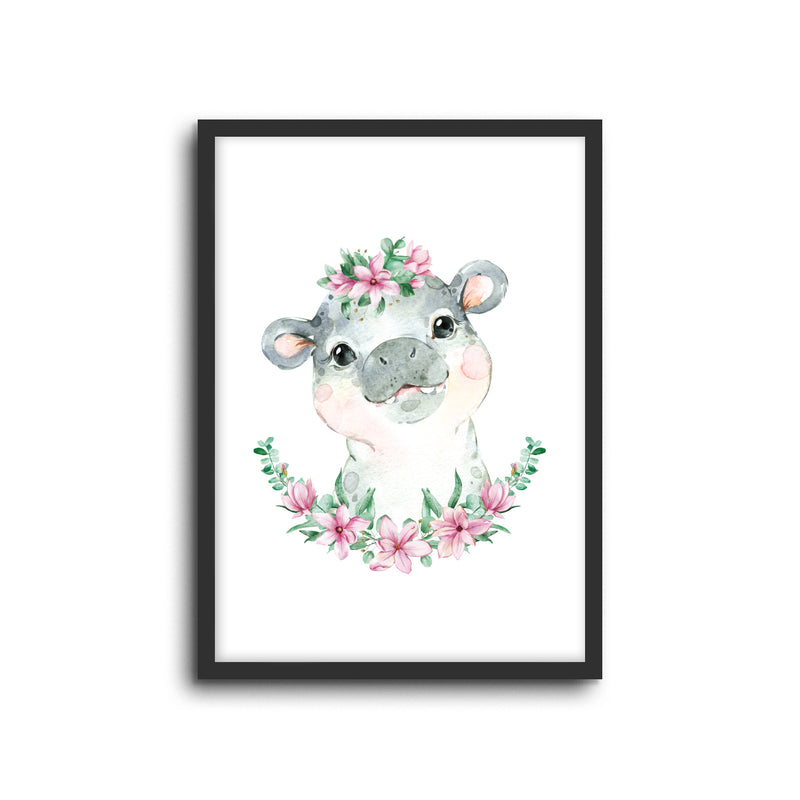 Hippo Floral Wall Print Baby Kids Room Nursery Art 