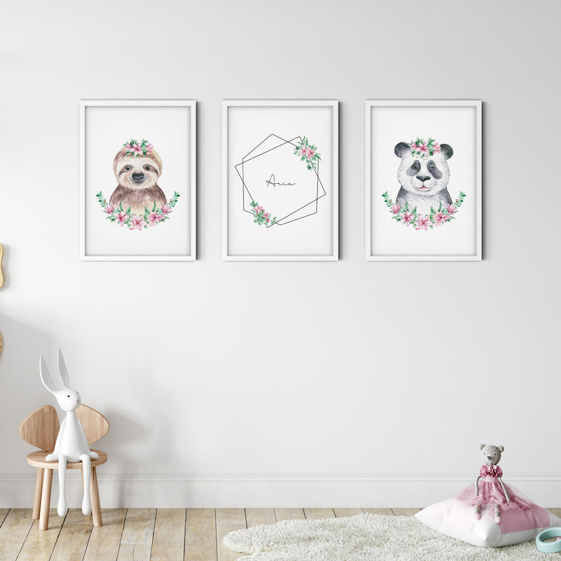 Sloth - Floral Wall Print Baby Girl Kids Room Nursery Art Playroom