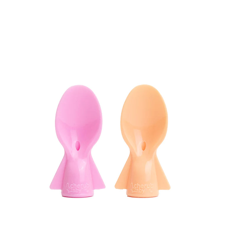 Cherub Baby Universal Food Pouch Spoons 2 pack | Pink & Orange for baby starting solids on the go