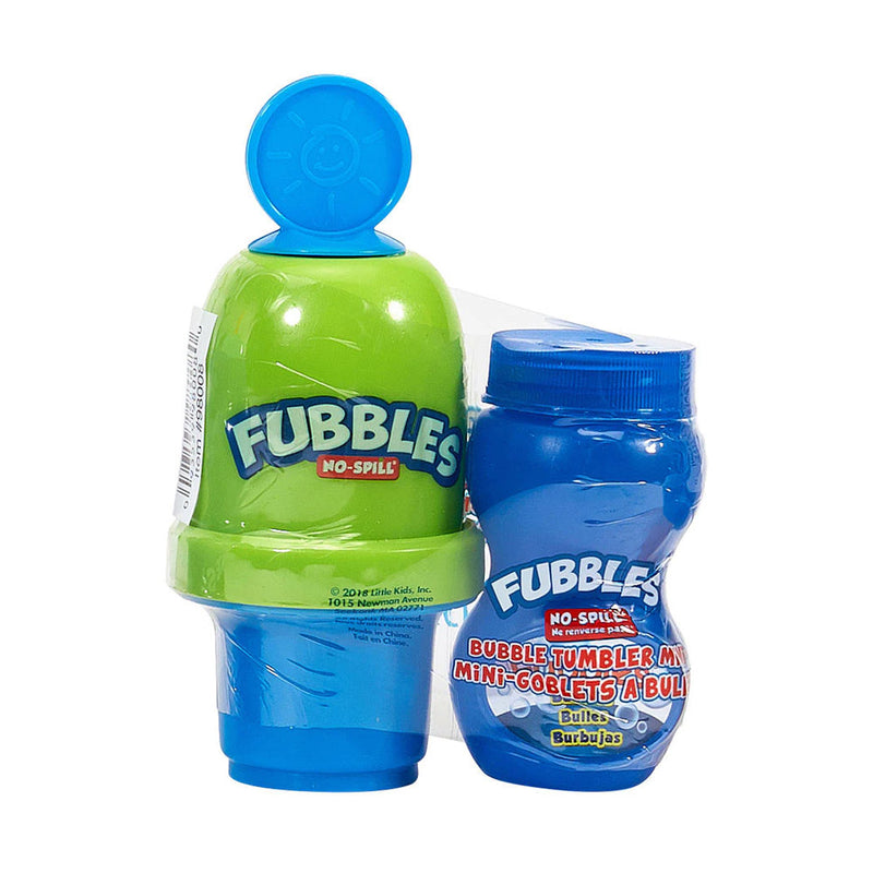 Fubbles No-Spill Bubble Tumbler lets kids have more bubble fun without the mess.  Designed to prevent accidental bubble spills during active play, the Fubbles No-Spill Bubble Tumbler lets kids blow bubbles without spilling the solution.