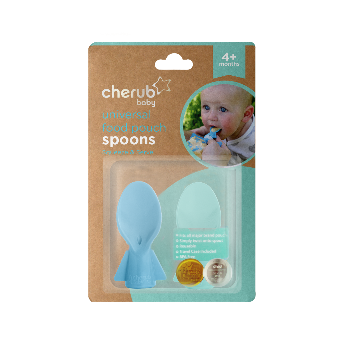 Cherub Baby Universal Food Pouch Spoons 2 pack | Blue & Green for baby starting solids on the go